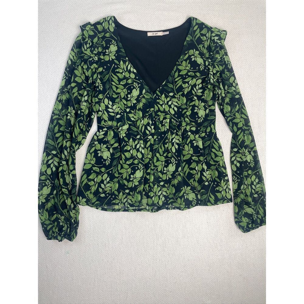 Mi Ami Women's Green Botanical Print Ruffle Blouse – Size Medium